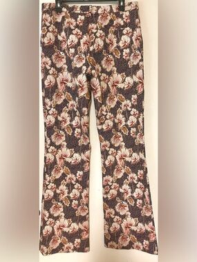 PINKO burgundy and peach floral-print wide-leg trousers. Size 8 (IT 44)